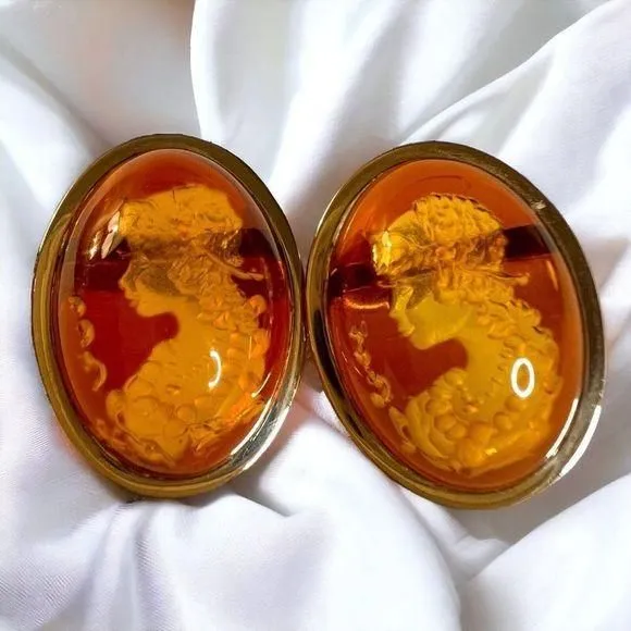 Product image for Antique 14k Gold Amber Cameo Earrings 30 CTTW Vintage Carved Oval Cabochons 7.7g