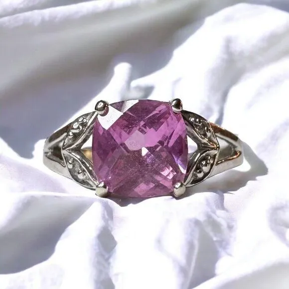 Product image for 10k White Gold Pink Sapphire & Diamond Ring Size 5.5 Cushion Cut Solitaire 1.7g