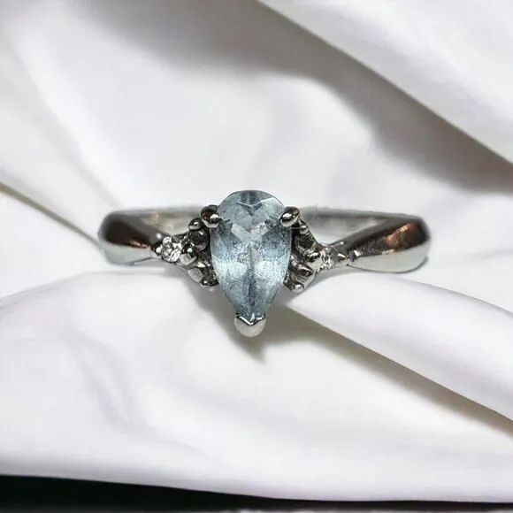Product image for 10k White Gold Aquamarine & Diamond Ring Size 4 Pear Cut Engagement Ring 1.2g