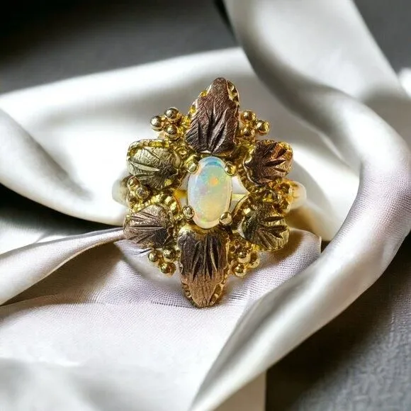 Product image for Antique 10k Gold Opal Ring Size 5.75 Victorian Era Flower Ring Leaf Ring 1.6g