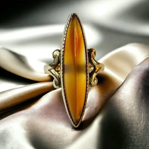 Product image for Antique 10k Gold Banded Agate Ring Sz 4.25 c1900 Victorian Navette Ring 2.7g