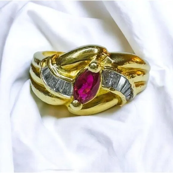 Product image for 18k Gold Natural Ruby Diamond Baguette Ring Sz 5.5 Solid 750 Gold 3.8g Marquise