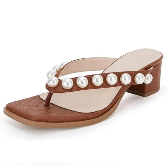 Product image for Coutgo Womens Chunky Heel Flip Flops Pearl Sandals Square Toe Mules Slip On Slid