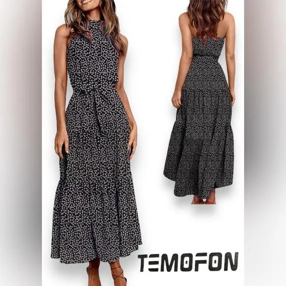 Product image for NWT TEMAFON Women's Dresses Halter Neck Summer Boho Maxi Floral Pring S…