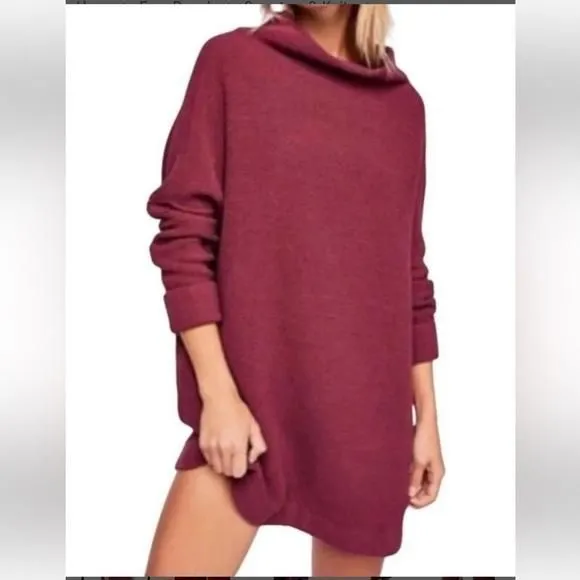Product image for Free People Ottoman Sweater Funnel Neck Oversized Ribbed Maroon Red Womens Small