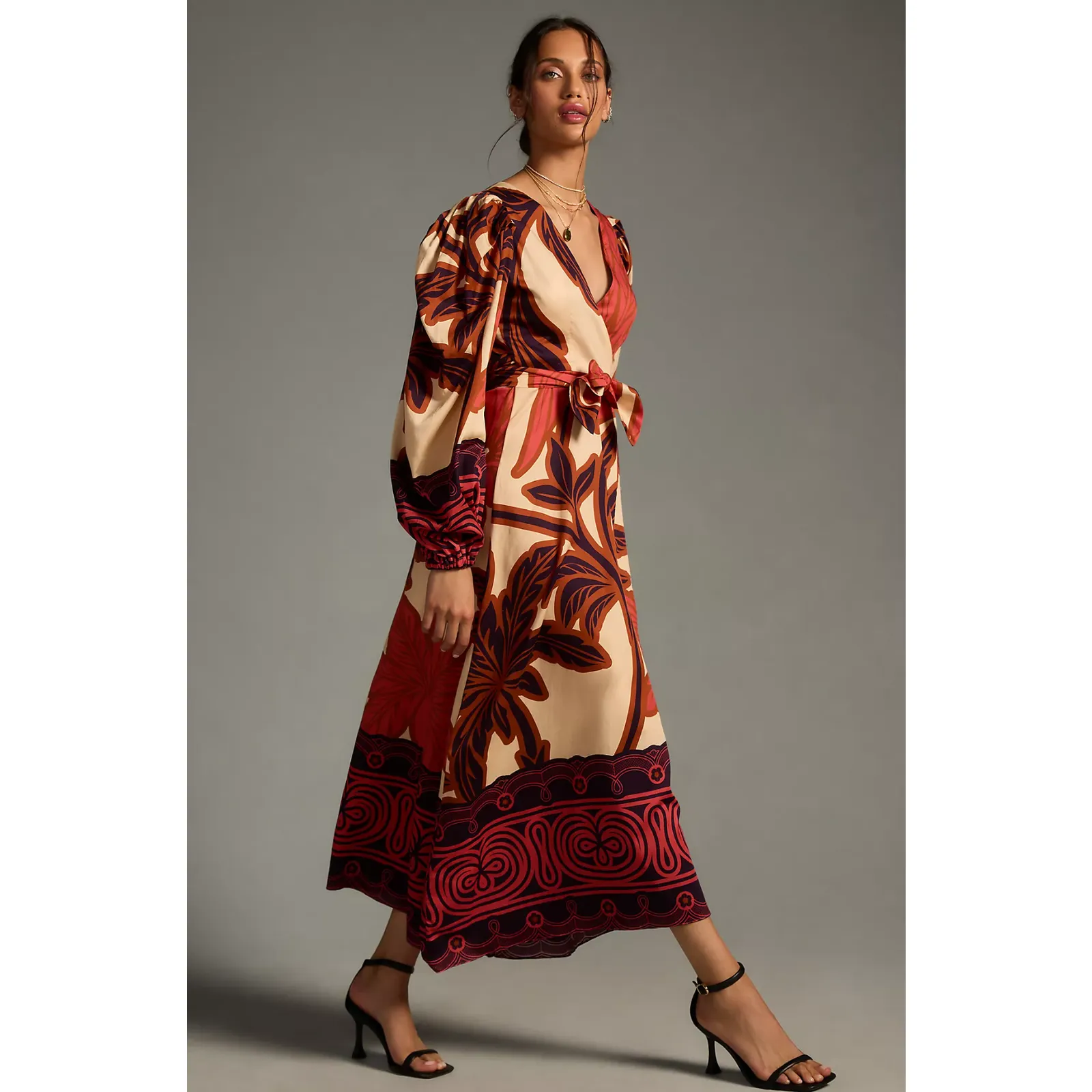 Product image for Eugenia Fernández V-Neck Long-Sleeve Printed Midi Dress - New Large Petite