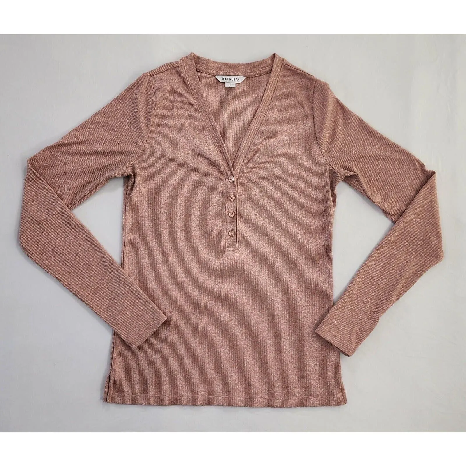 Product image for Athleta Top Womens Small Pink Mauve Untempo Ribbed Henley Long Sleeve Thumb Hole