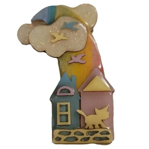 Product image for Lucinda Pastel Color Rainbow Glittery Clouds Cat Birds House Pin K939
