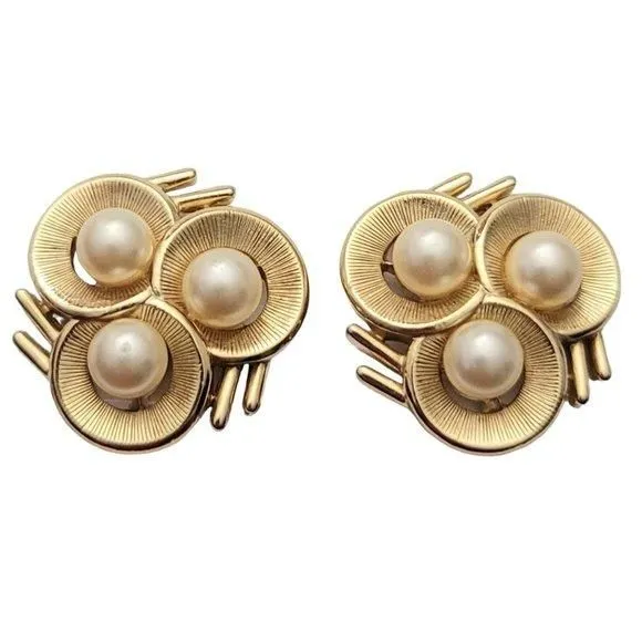 Product image for Trifari Gold Tone Modernist Faux Pearl Clip On Earrings, Signed E593