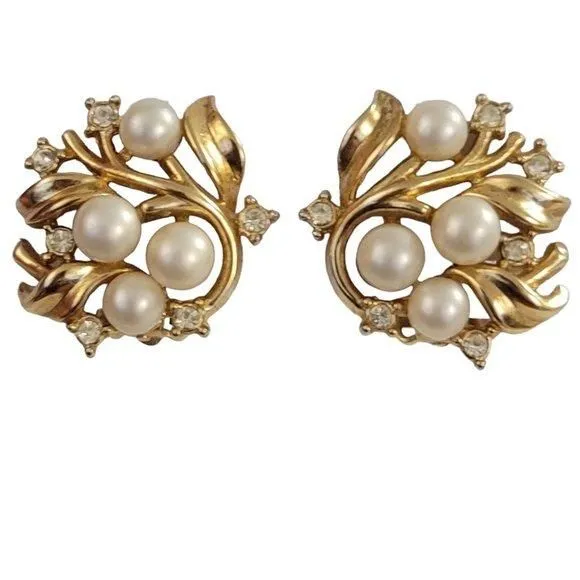 Product image for Trifari Crown Over T Faux Pearl, Clear Rhinestone Leaf Clip-On Earrings, K958