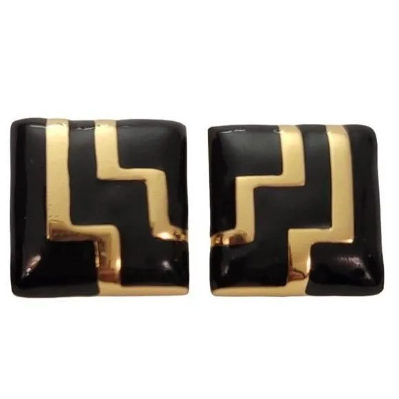 Product image for Monet Gold Tone Square Black Enamel Clip-On Earrings, Signed E488