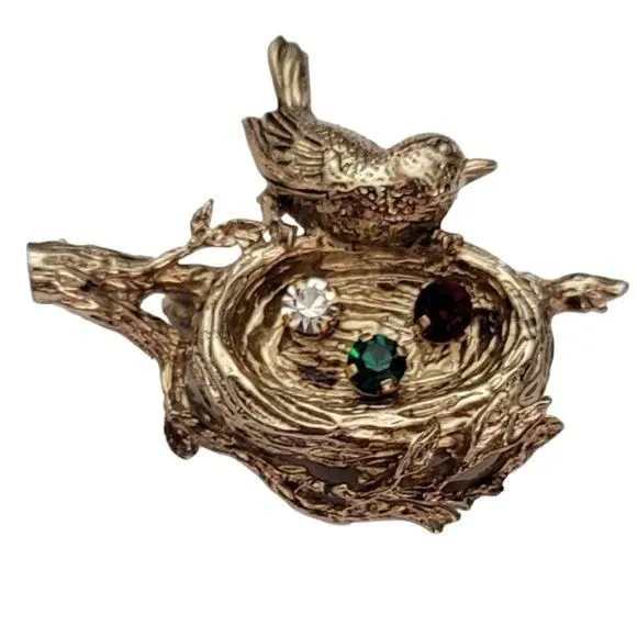 Product image for Anson Sterling Gold Vermeil Gemstone Eggs In Nest Bird Pin, Signed E748