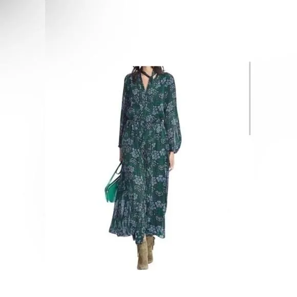 Product image for Banana Republic Long Sleeve Maxi Dress Neck Tie Black Green Blue Floral