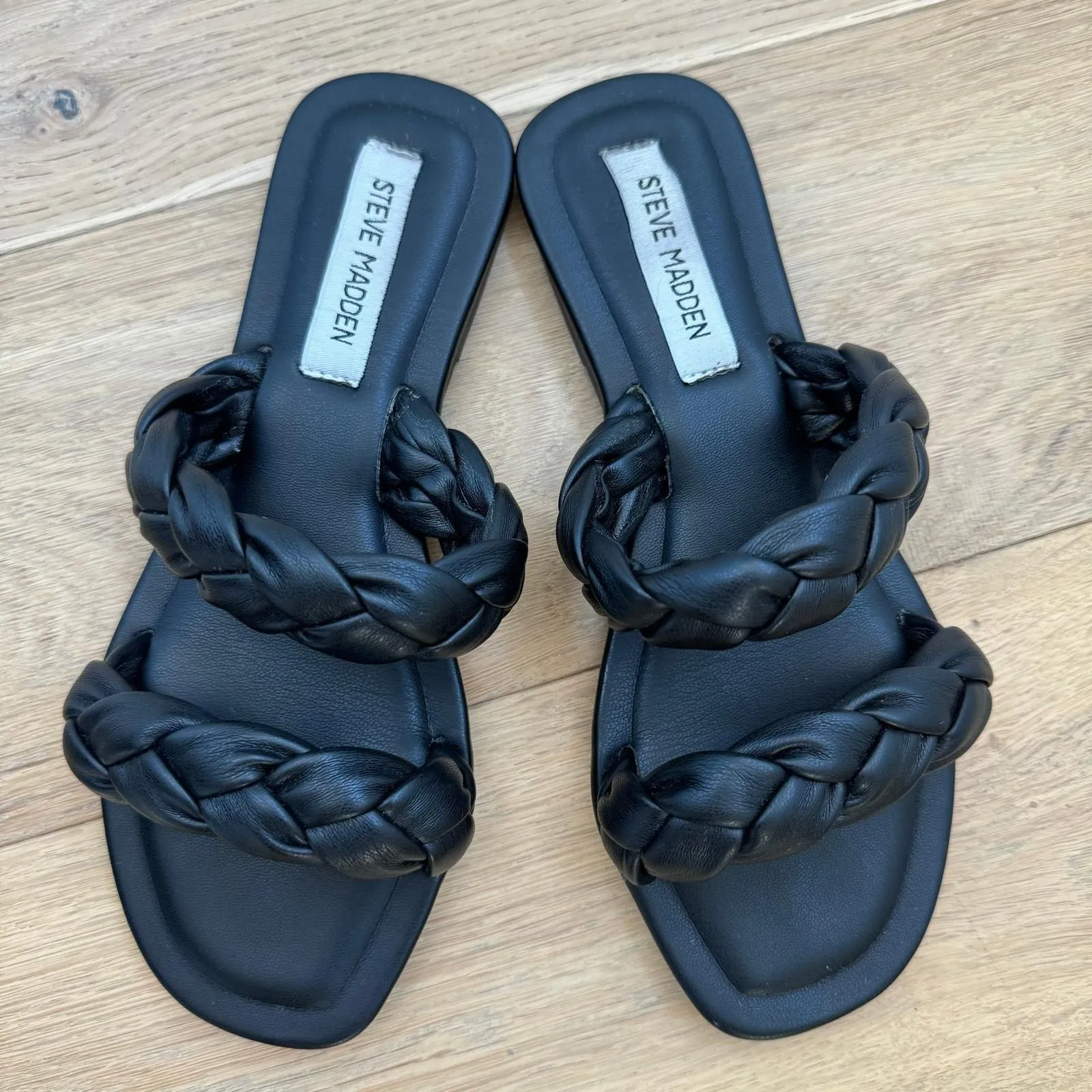 Product image for Steve Madden Danney Braided Black Leather Slide Sandals 7