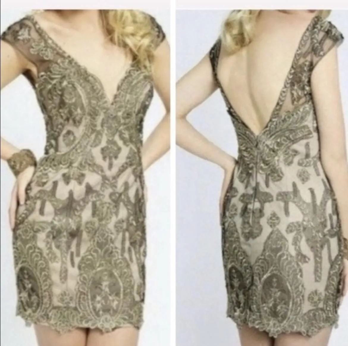 Product image for NWT Jovani Stunning Illusion Gold Cap Sleeves Prom Dress size 4