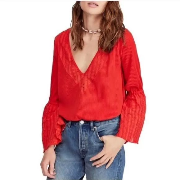 Product image for Free People Parisian Nights Blouse Bell Sleeve Top Size Small Vermillion Red