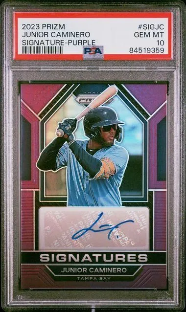 Product image for SIGJC JUNIOR CAMINERO | 2023 PANINI PRIZM SIGNATURES PURPLE #22/99 POP 9 low