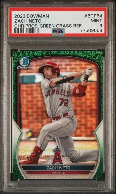 Product image for BCP64 ZACH NETO | 2023 BOWMAN CHROME PROSPECTS GREEN GRASS REFRACTOR POP 1 only 1 Higher