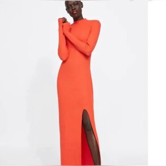 Product image for Zara | Orange Ribbed Maxi High Slit Dress