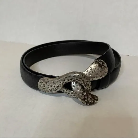 Product image for Chicos | Black Genuine Leather Silver Clip Belt