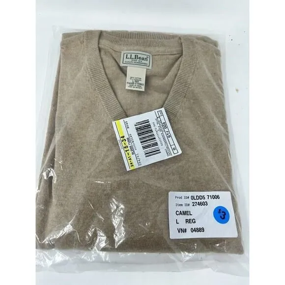 Product image for L.L. Bean V-Neck Sweater Camel Brown - Meas L Fits Medium - Cashmere Blend