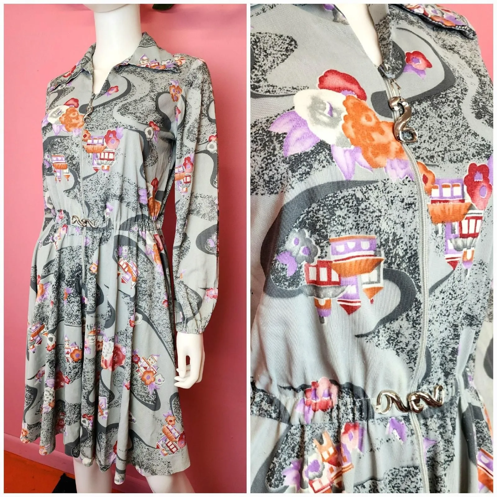 Product image for Vintage 1970's Grey Novelty Print Asian Village Zip-Up Dress with Metal Zipper 