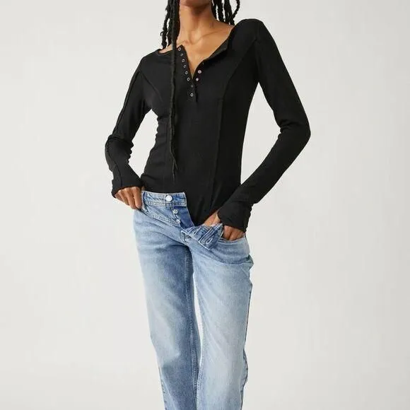 Product image for Free People Women's Sloane Quarter Snap Button Black Long Sleeve Bodysuit XS NWT