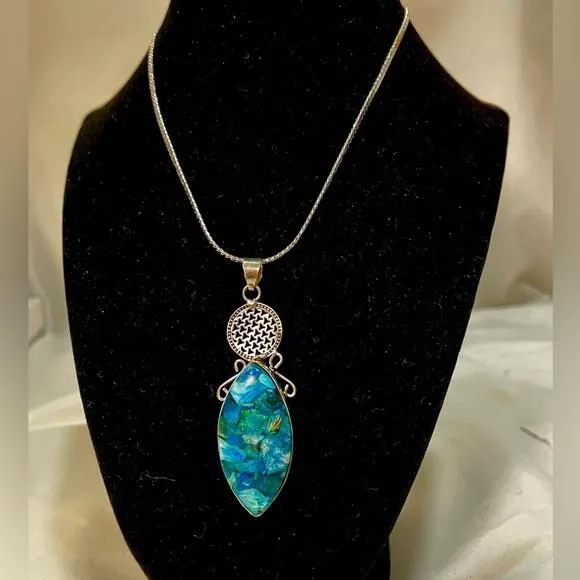 Product image for Sterling Silver 925 Blue Stone Pendant & Silver Toned Chain