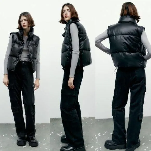 Product image for Zara Faux Leather Puffer Gilet Quilted Vest Jacket Black Women's Size Large