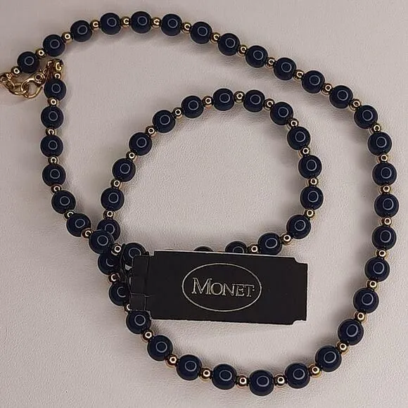 Product image for Monet Navy Blue & Gold Beaded Necklace with TAGS USA/Japan 18" single strand vtg