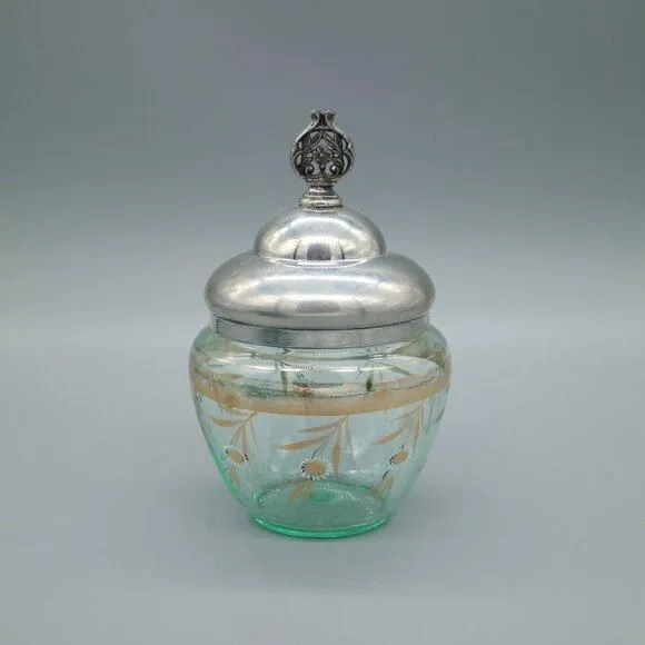 Product image for Vintage Uranium Glass Hand Painted Jelly Castor w/ Lid