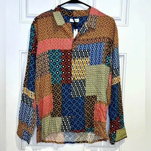 Product image for NWT Raga Man Patchwork Long Sleeve Button-Up Shirt Top Multicolor Men's Size M