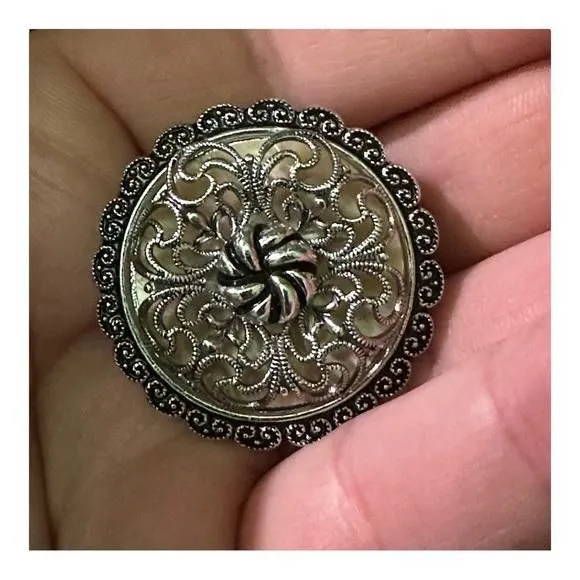 Product image for Vintage West Germany Black & Silver Filigree Flower Scarf Clip 1.5 in Elegant