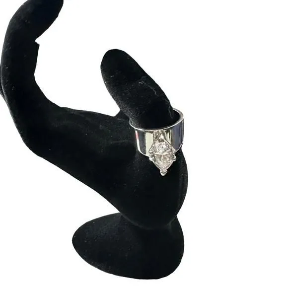 Product image for White Gold 18k HGE Signed A in Circle Silver & Large Sparkling CZ Stone Size 6.5