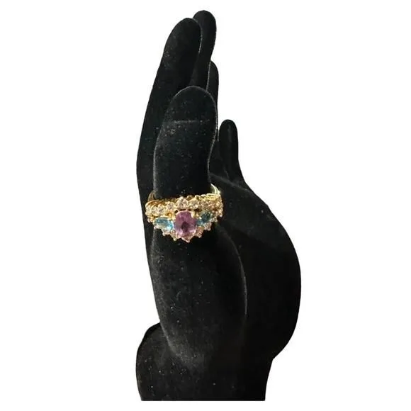 Product image for Vtg Rose Gold on Sterling Silver Amethyst Aquamarine & Cz Cocktail Ring Sz 7.25