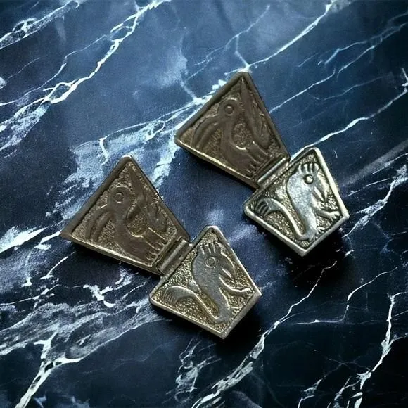 Product image for Vtg 925 Handmade Sterling Silver Panel w/ Animals Screw Back Earrings 1.25” OOAK