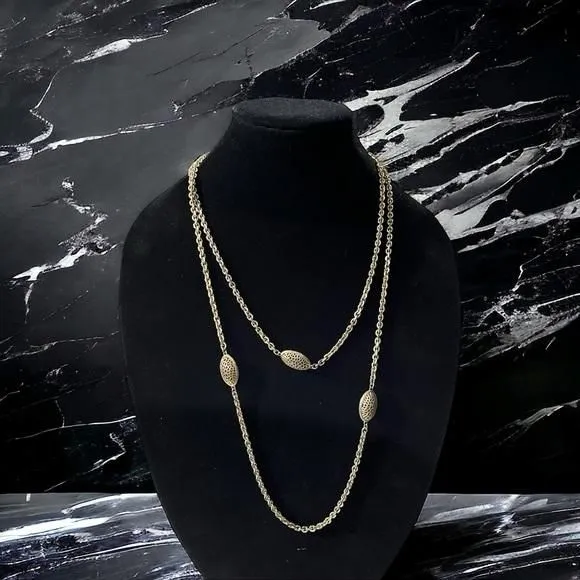 Product image for Vtg Signed Monet Gold Tone Stationed Beads Round Link Chain Long Necklace 54”