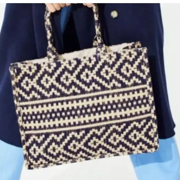 Product image for H&M Jacquard-Weave Handbag Large-Sized Brown & Blue Canvas Open Tote Bag Jute