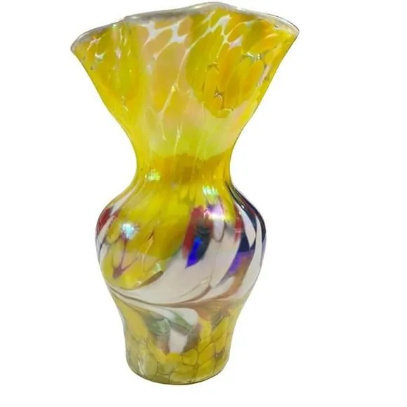 Product image for Aurene Rainbow AOWL Art Glass Vase Yellow 8” Height 5” Wide Made In Poland