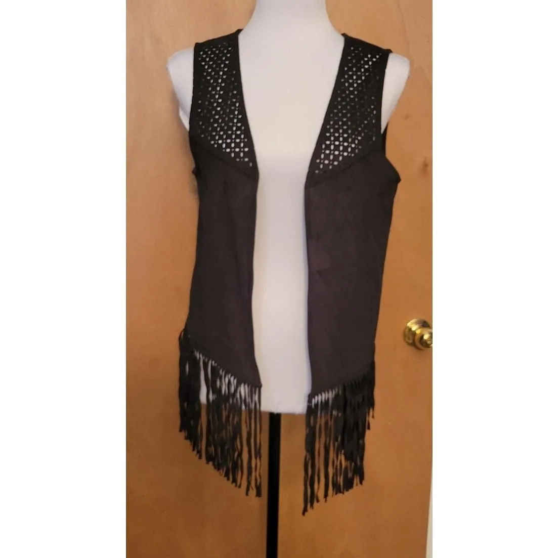 Product image for Black Faux Vegan Suede Western Festival Coastal Cowgirl Fringed Open Vest - M/L