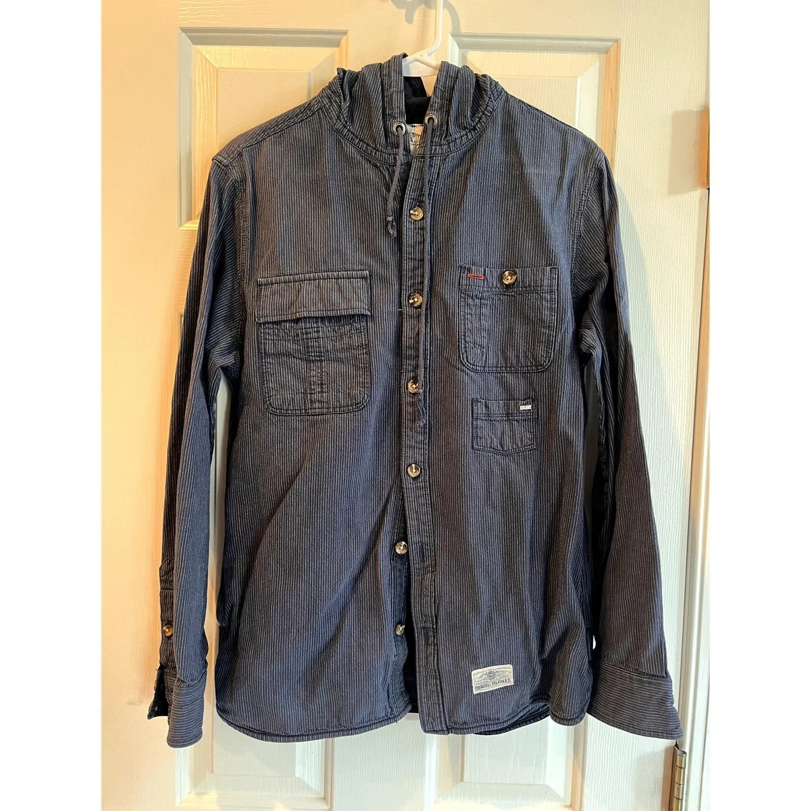 Product image for Vans sz Small Mens denim shirt jacket hoodie adult ticking stripe