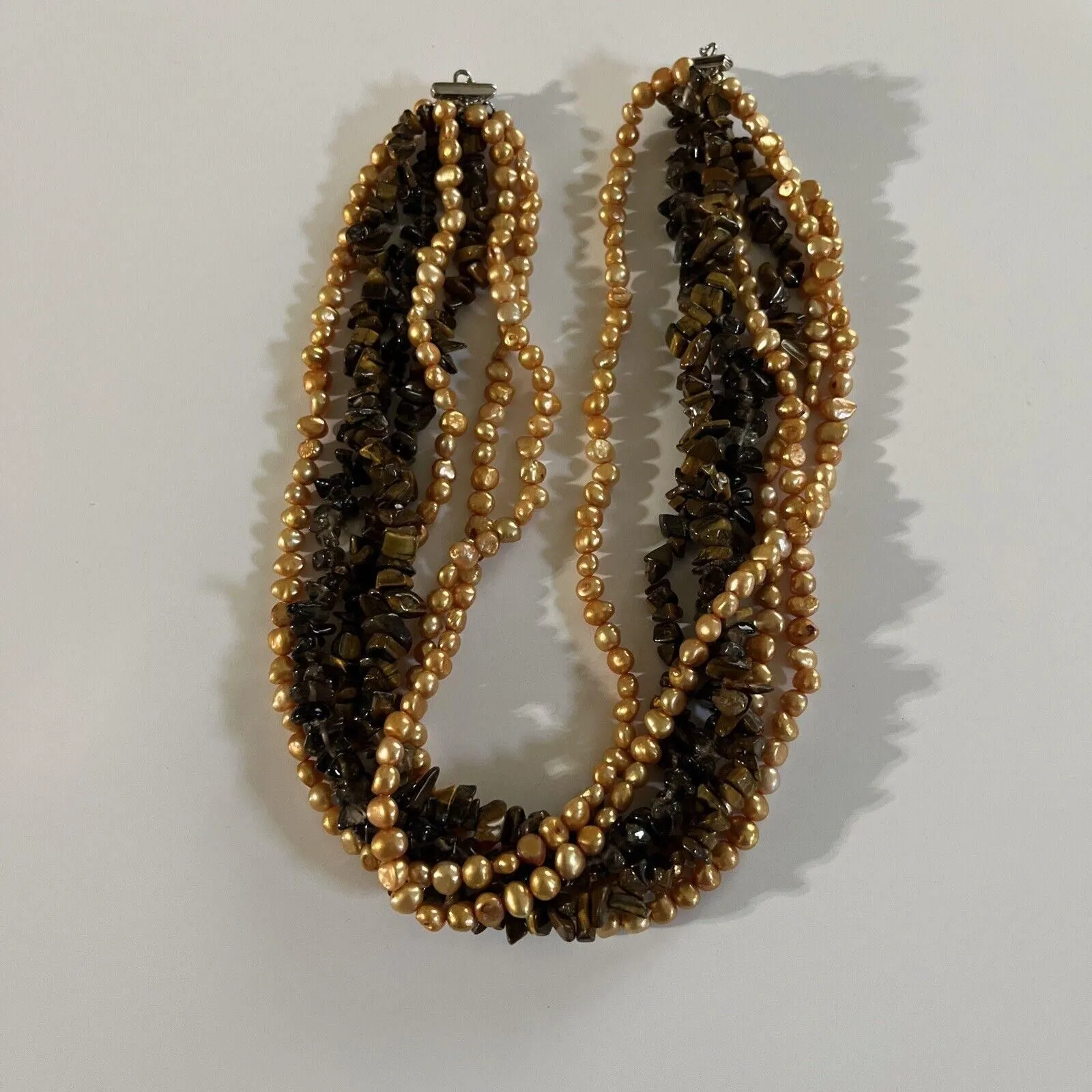 Product image for Yellow FreshWater Pearl Necklace Tiger Eye Sterling Silver .925 Finding 7 Strand