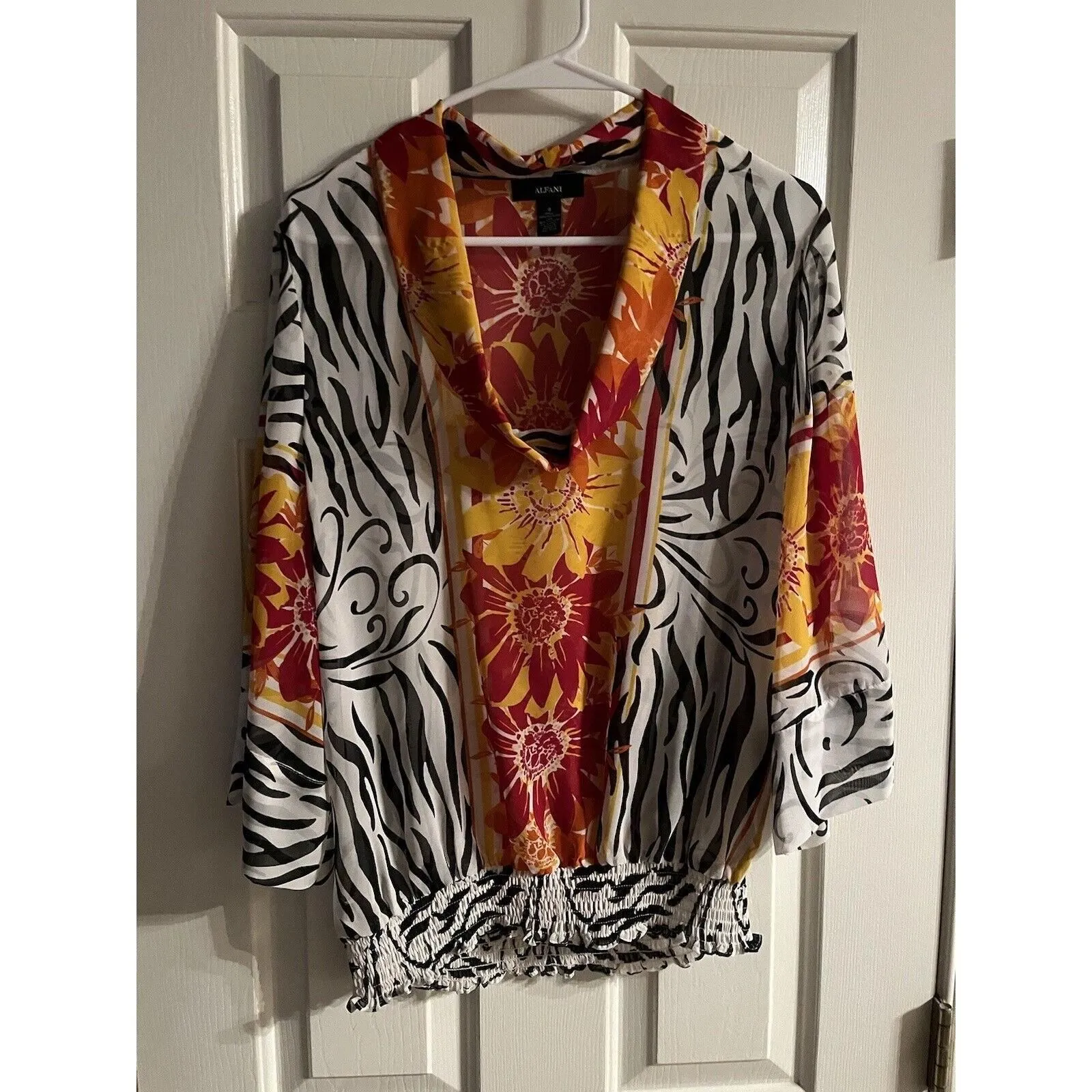 Product image for Alfani size 8 Ladies sheer dressy top polyester black white animal fire print
