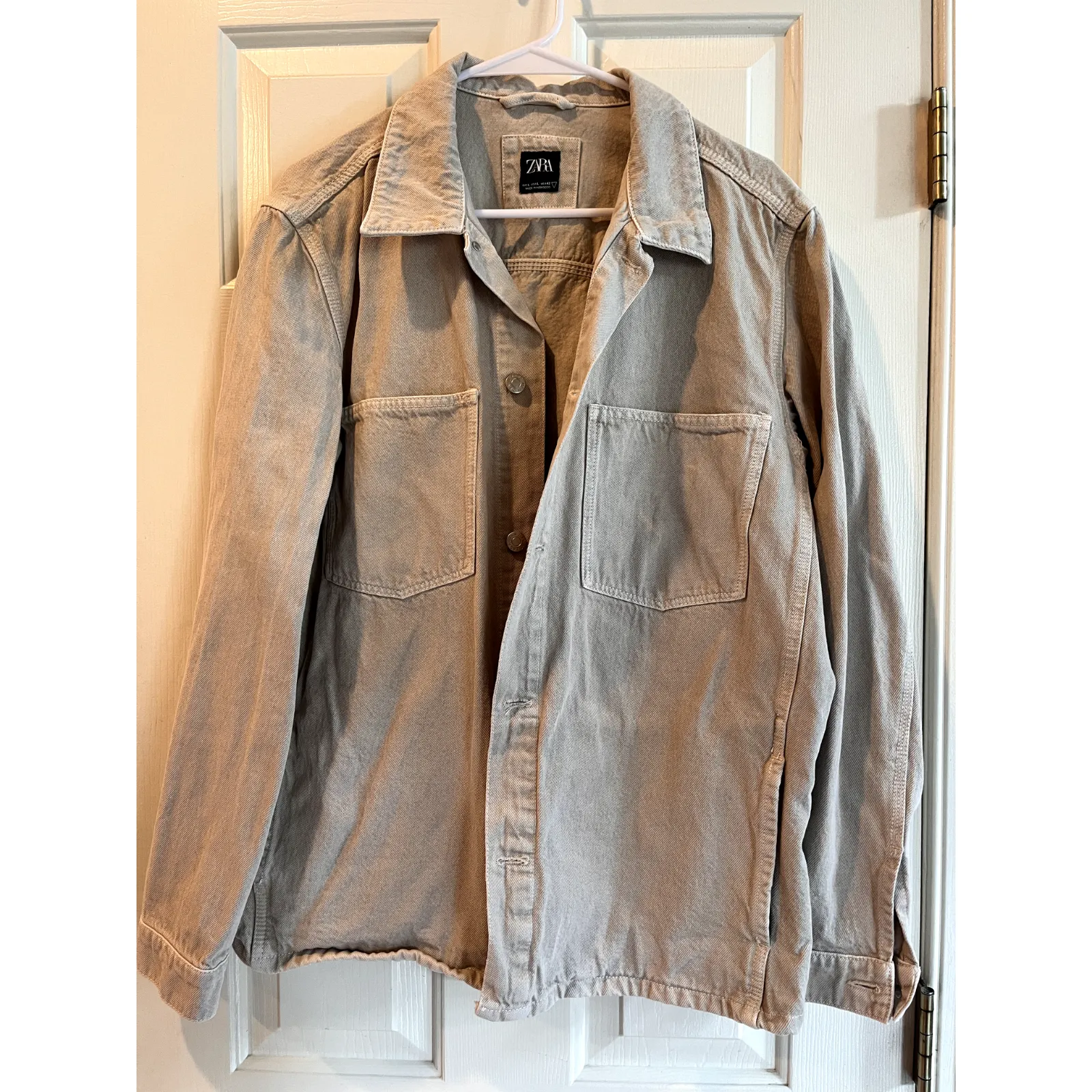 Product image for Zara Basic Z1975 Men's Khaki Heavy Denim Long Sleeve Work Shirt Cream/Tan Sz S