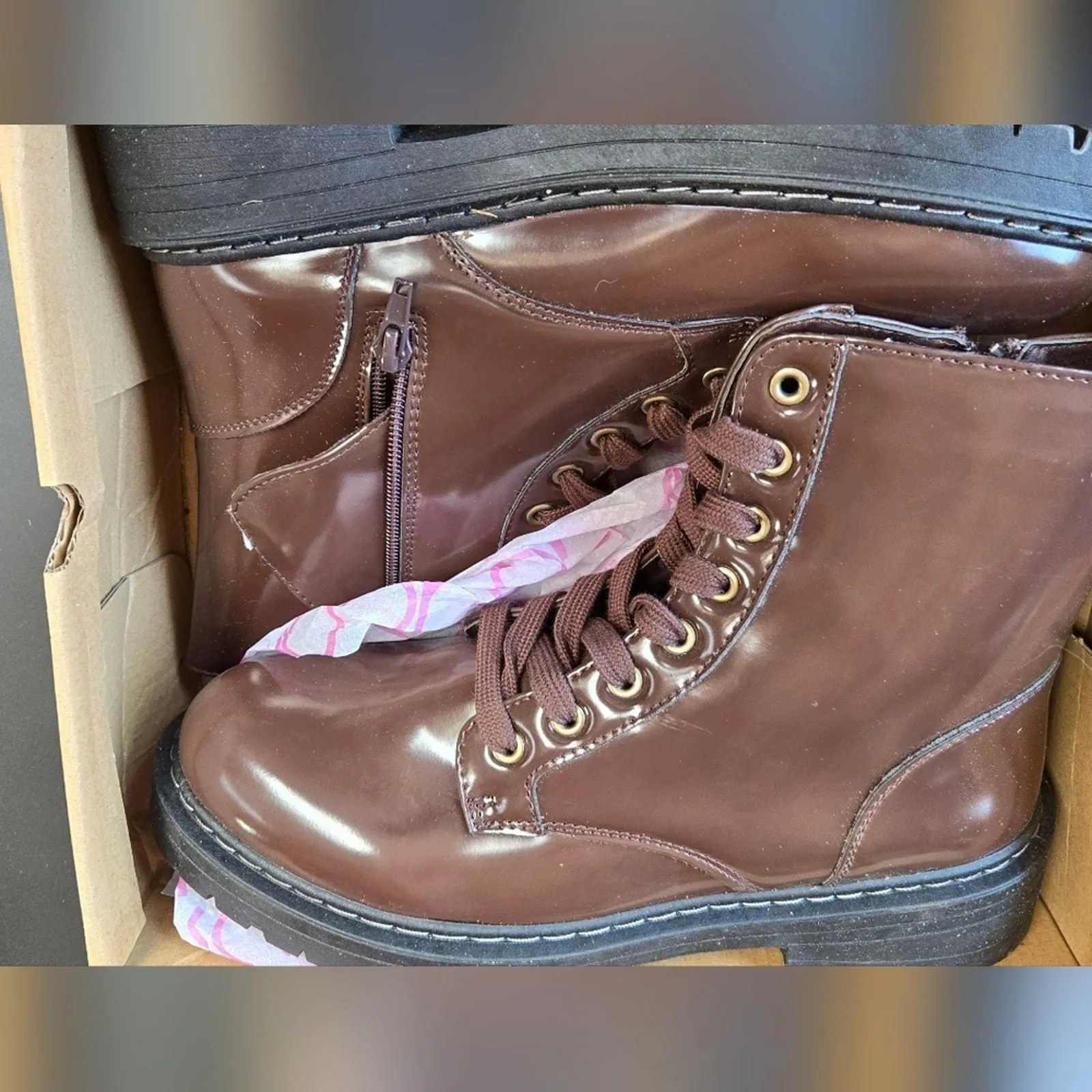 Product image for Sugar Kaedy patent-look brown combat style boots, size 10, new