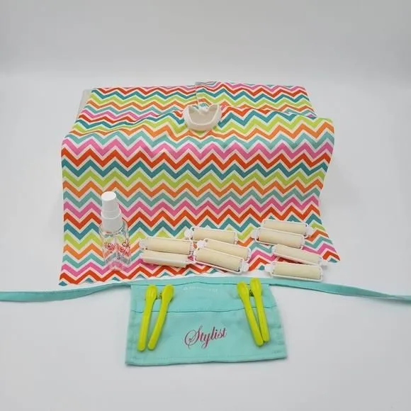 Product image for American Girl Salon Stylist Set apron, clips Spray bottle, foam rollers cape