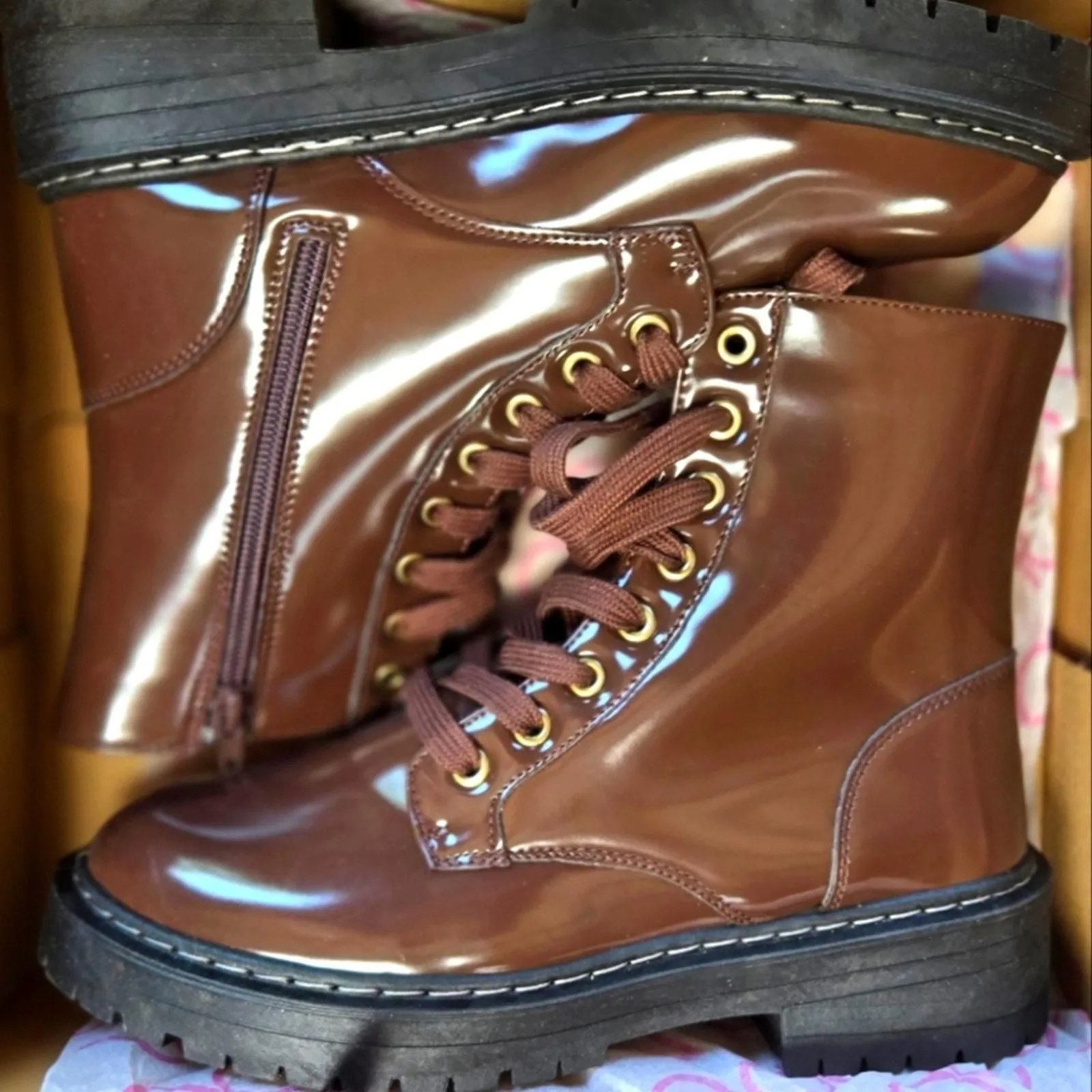 Product image for Sugar Kaedy patent-look brown combat style boots, size 7.5, new