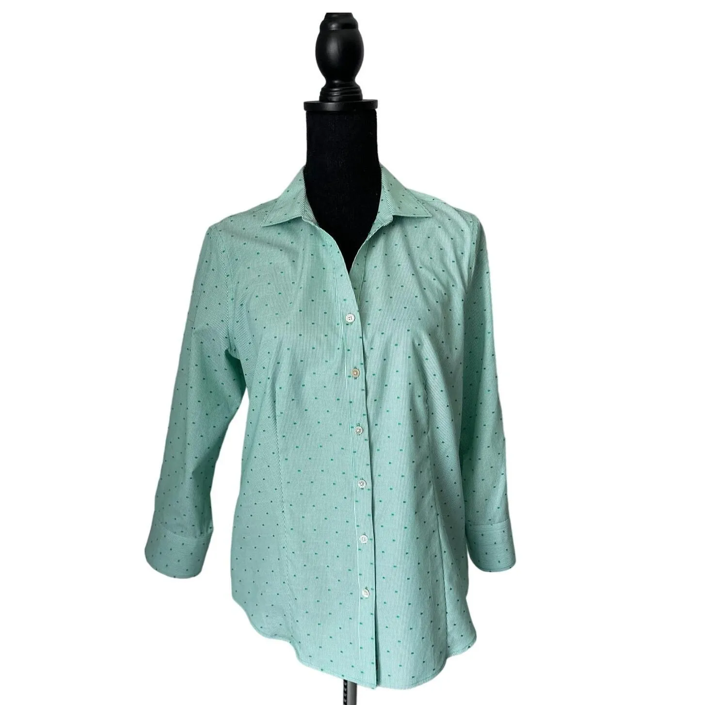 Product image for Talbots Green Cotton Shirt with Stripes and Dots Sz 10