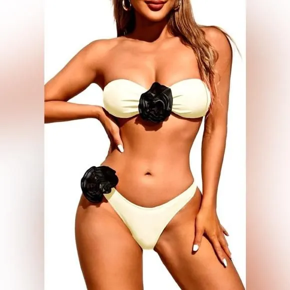 Product image for 423. MEDIUM NEW Strapless Bikini Sets for Women,Bandeau Padded 3D Flower Bikini