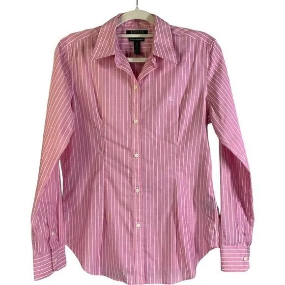 Product image for LAUREN RALPH LAUREN Fitted Non-Iron Pin Striped Preppy Acadamia Professional Top